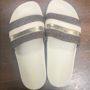 MK Brown and Gold Slide Sandals